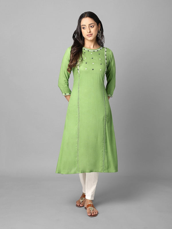 Women's Solid Green Embroidered A-Line Kurta - Azira