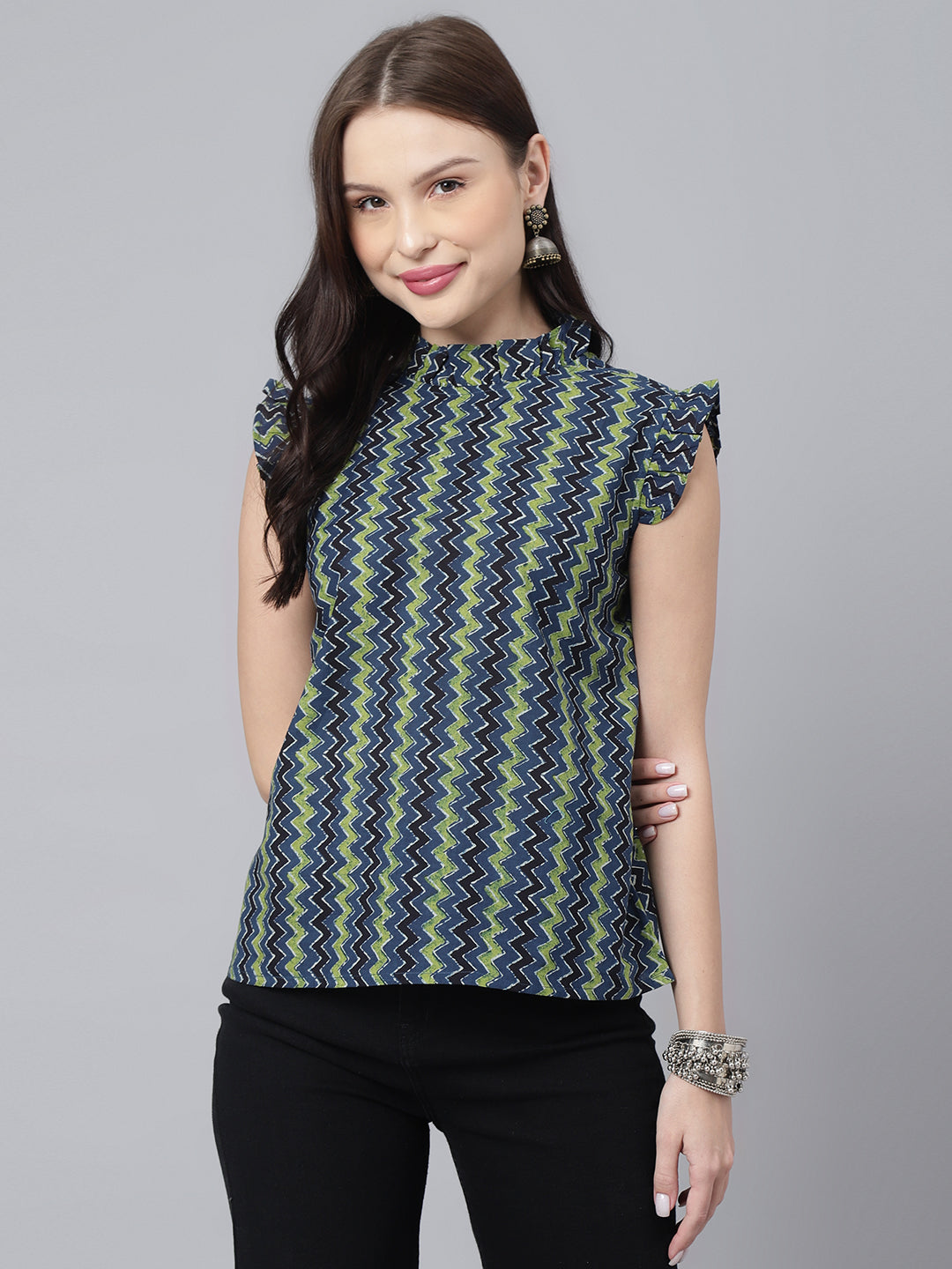 Women's Blue Abstract Cotton Print Round Neck Sleevless Casual Top - DECKEDUP