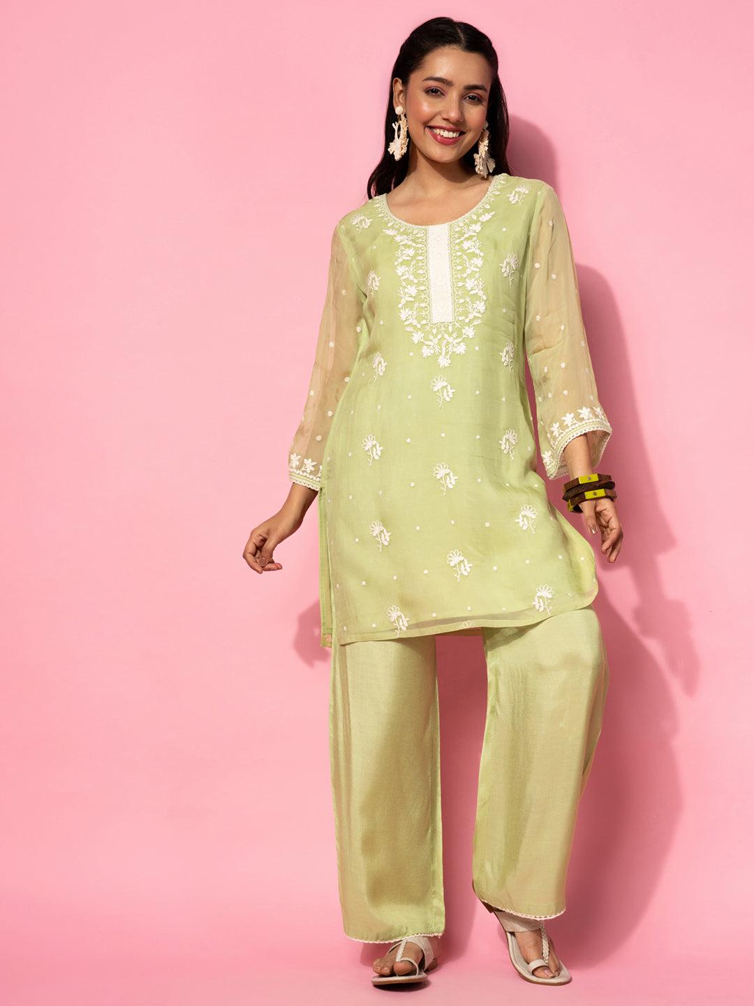 Green Embroidered Silk Blend Co-Ords - Jashvi