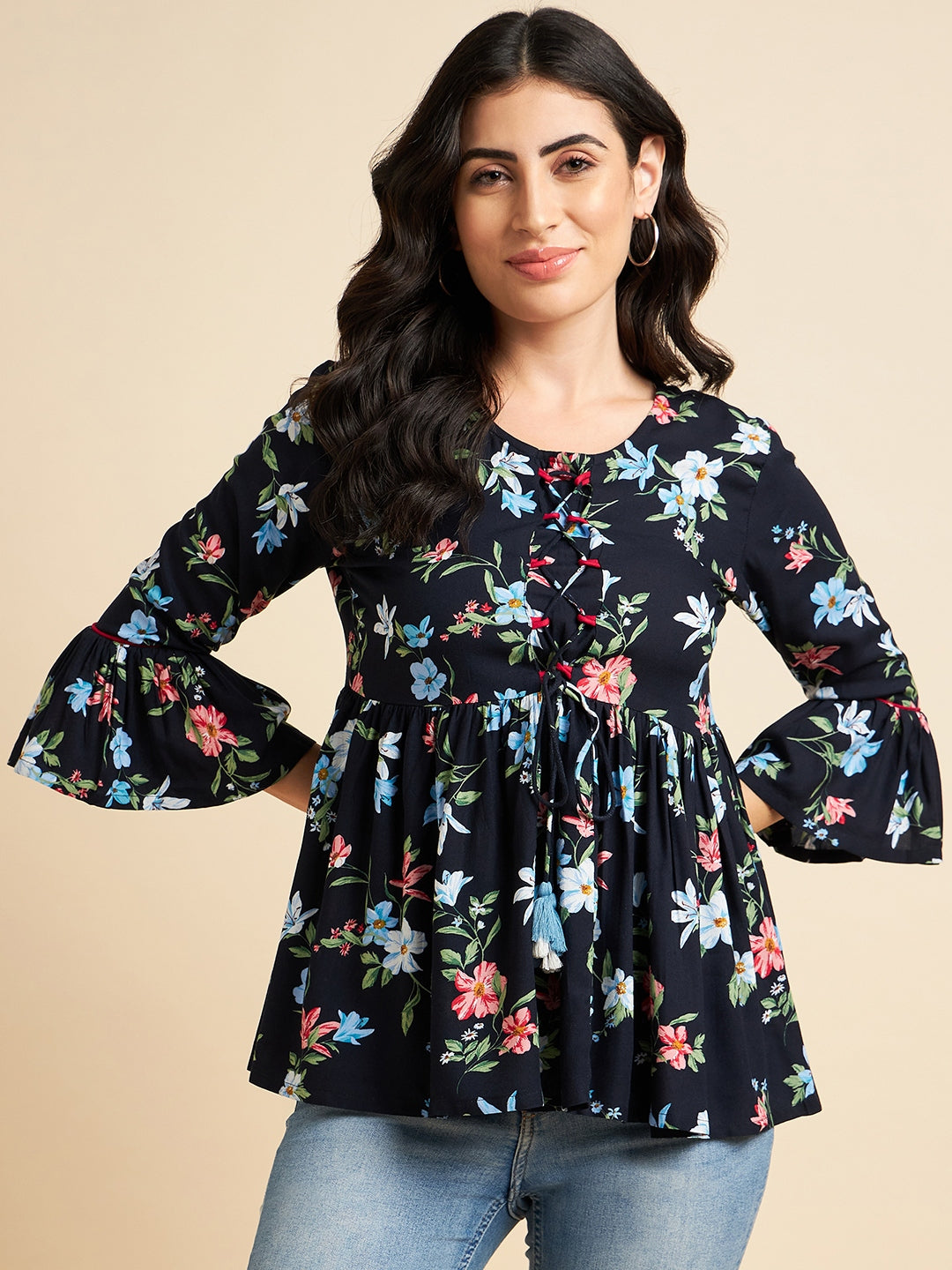 Women's Floral Printed Navy Blue Rayon Top - Azira