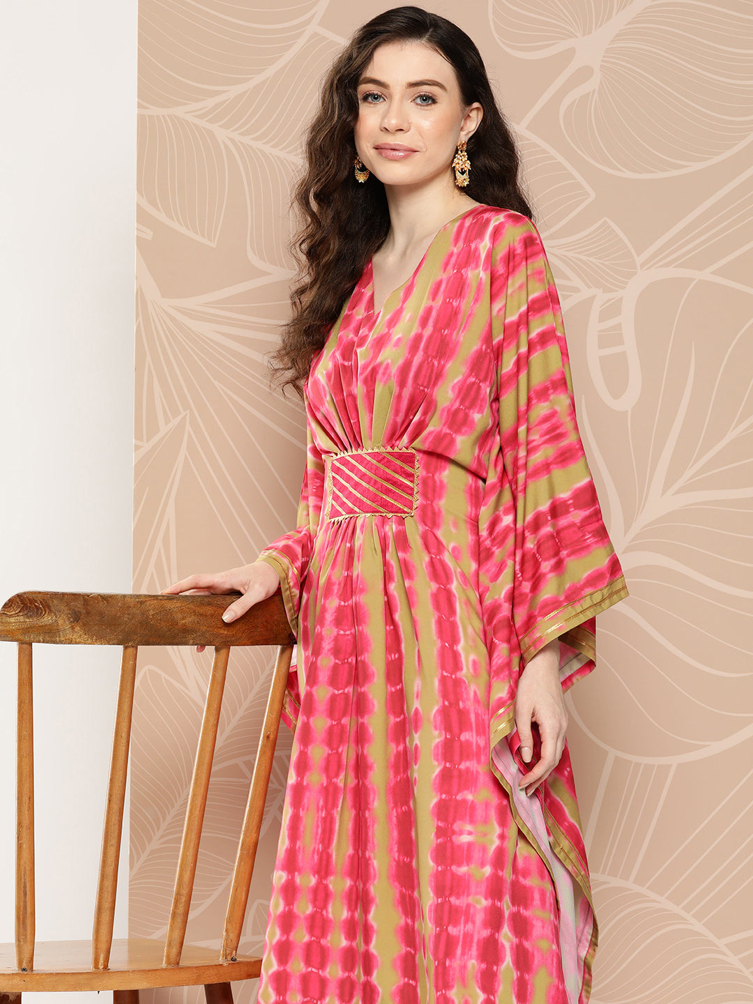 Women's Printed Flared Sleeves Gotta Patti Belted Detail Crepe Kaftan Kurta - Ahalyaa