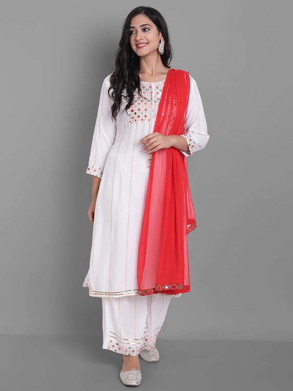 Women's Embroidred Kurta Pant And Dupatta Set (White) - Noz2Toz