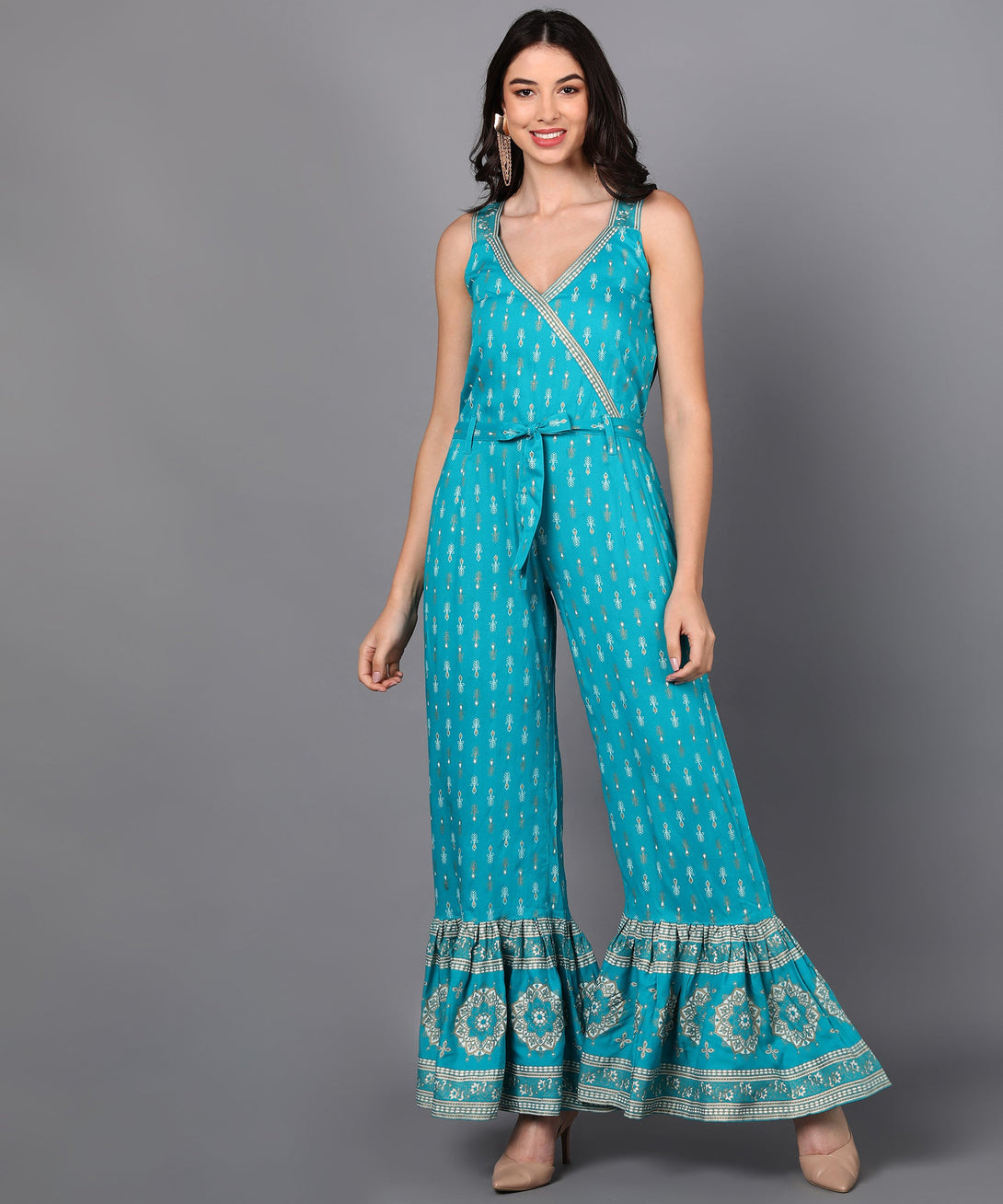 Women's Rayon Printed Flared Jumpsuit (Turquoise Blue) - Kipek