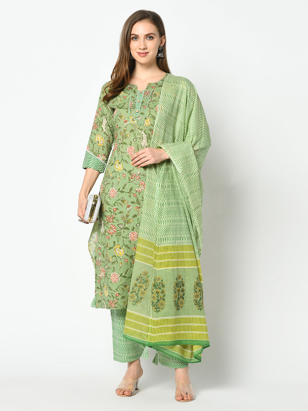 Women's Green Floral Printed Straight And Palazzo Kurta Set With Dupatta - Azira