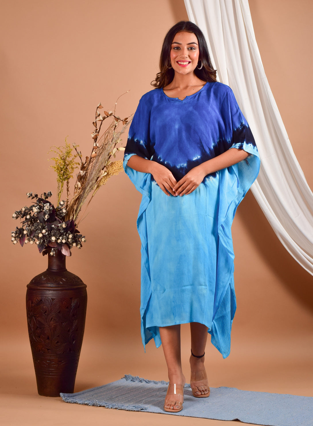 Women's Blue Hand Dyed Kaftan Dress - Maaesa