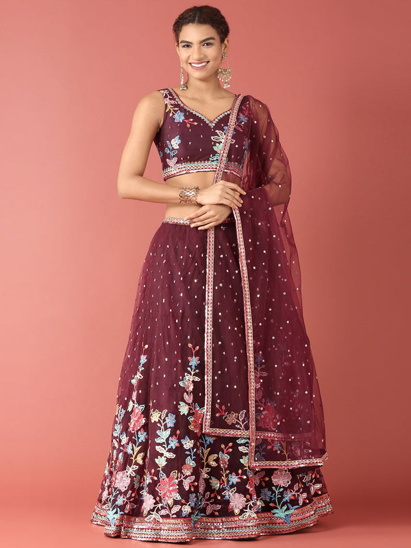 Women's Burgundy Net Multi Colour Thread & Sequince Work Lehenga & Blouse, Dupatta - Royal Dwells