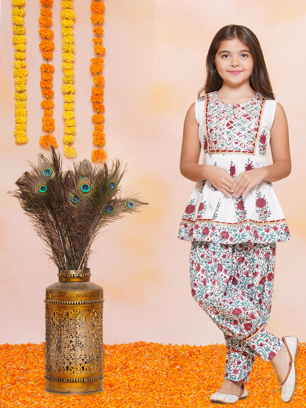 Jashvi Girls Off white Printed Peplum Kurta with Afghani salwar.