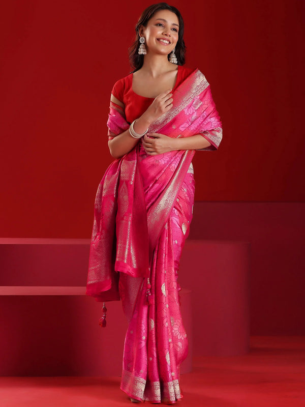 Jashvi Art Red Printed Satin Saree With Unstitched  Blouse Piece