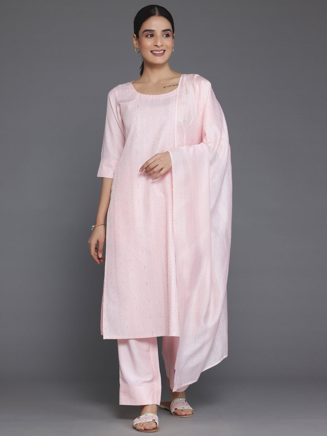 Peach Self Design Silk Blend Straight Suit With Dupatta - Jashvi