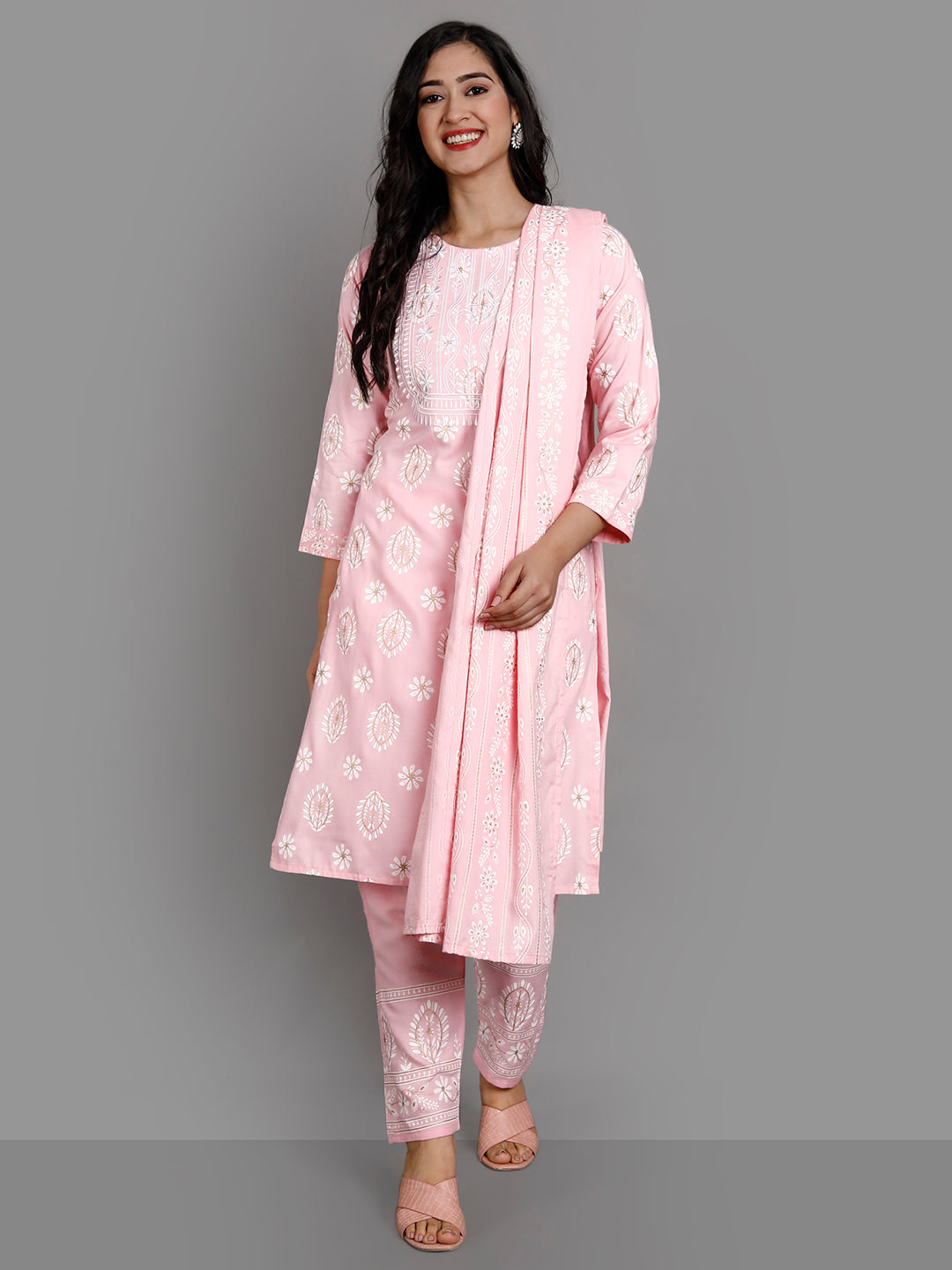 Women's Pink Rayon Kurta Pant And Dupatta Set - Noz2Toz