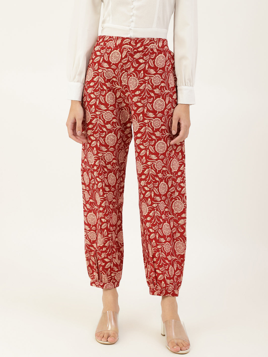 Women's Flat-Front Pants Maroon And Off-White Printed Mid-Rise Cropped Ethnic Joggers - Deckedup