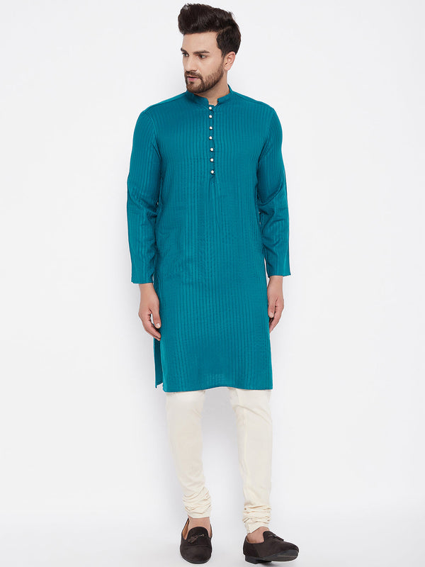 Men's Woven Design Blue Straight Kurta - Even Apparels