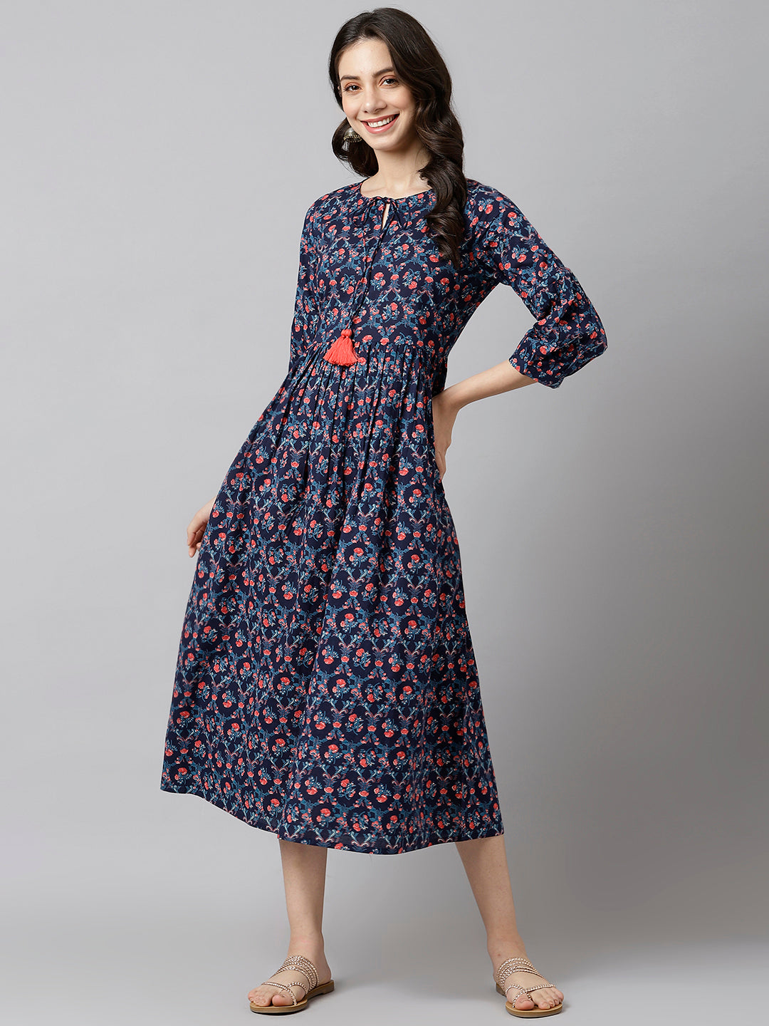 Women's Blue Floral Printed A-Line Kurta Dress - Deckedup