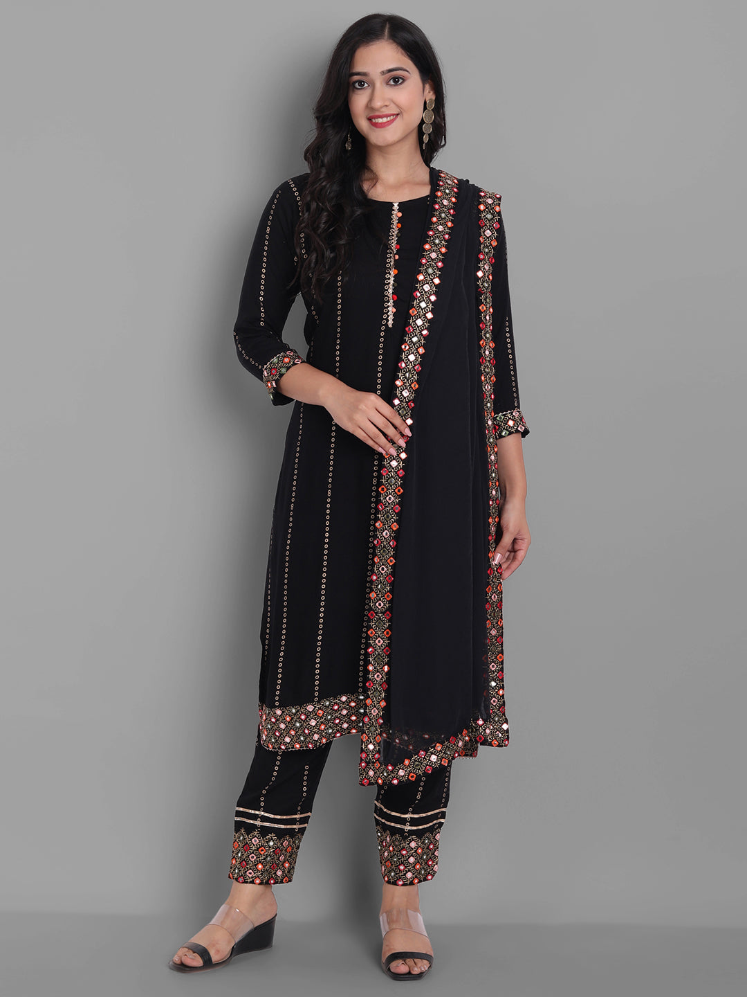 Women's Black Rayon Kurta Pant And Dupatta Set - Noz2Toz