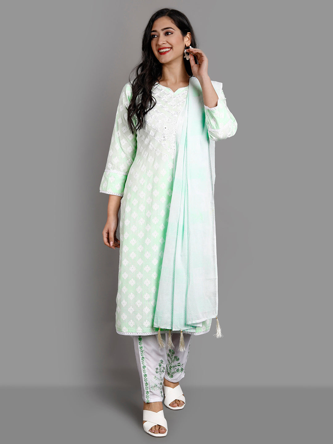 Women's Light Green Rayon Kurta Pant And Dupatta Set - Noz2Toz