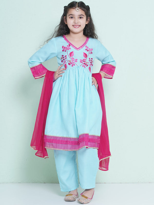 Jashvi Girls Blue Embroidered Alia Design Kurta With Trousers With dupatta