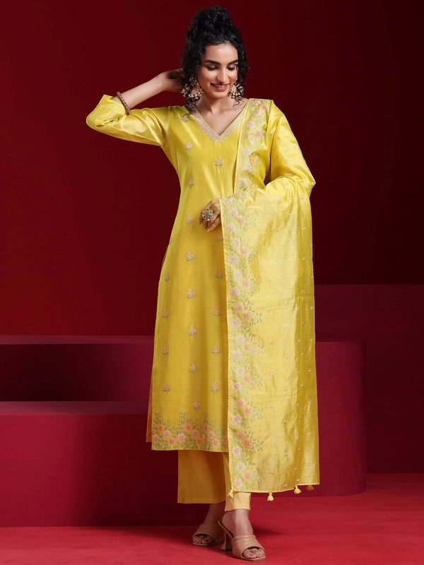 Jashvi Art Yellow Embroidered Chanderi Silk Straight Suit With Dupatta