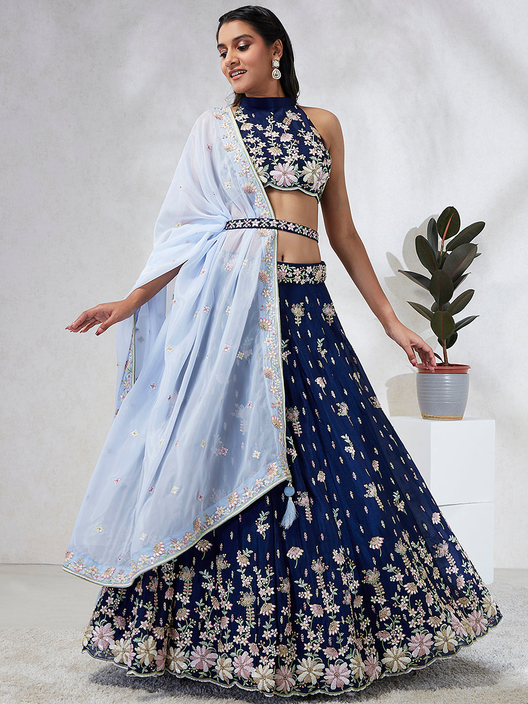 Women's Navy Blue Pure Georgette Sequins And Thread Embroidery  Lehenga Choli & Dupatta - Royal Dwells