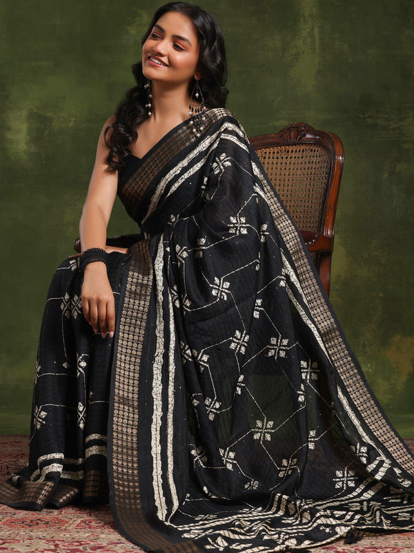 Black Printed Silk Blend Saree With Unstitched Blouse Piece - Jashvi