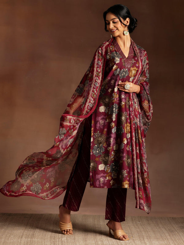 Burgundy Printed Silk Blend Straight Suit With Dupatta - Jashvi