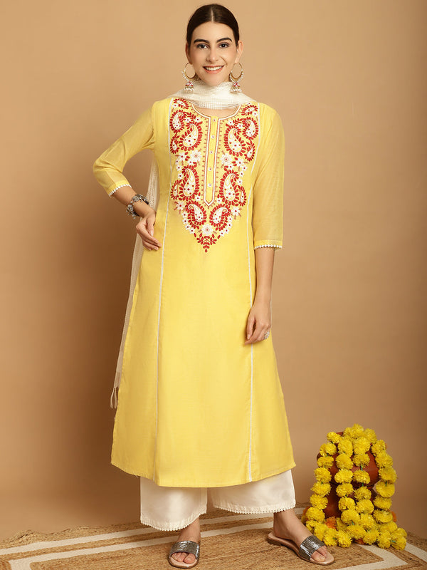 Women's Yellow Chanderi Palazzo Dupatta Set - Taantav