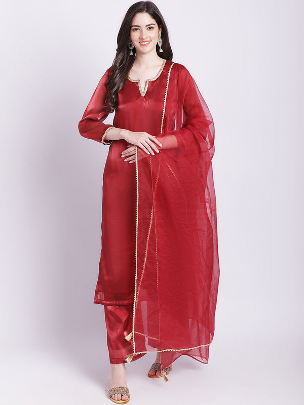 Women's Maroon Shine Organza Straight Kurti With Straight Palazzo And Organza Dupatta - Anokherang