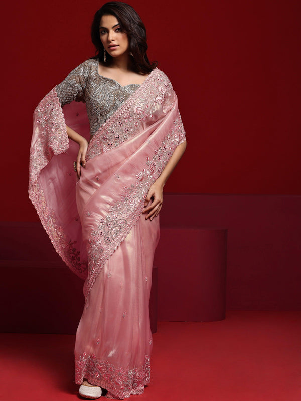 Jashvi Art Pink Embroidered Silk Blend Saree With Unstitched Blouse Piece - Jashvi