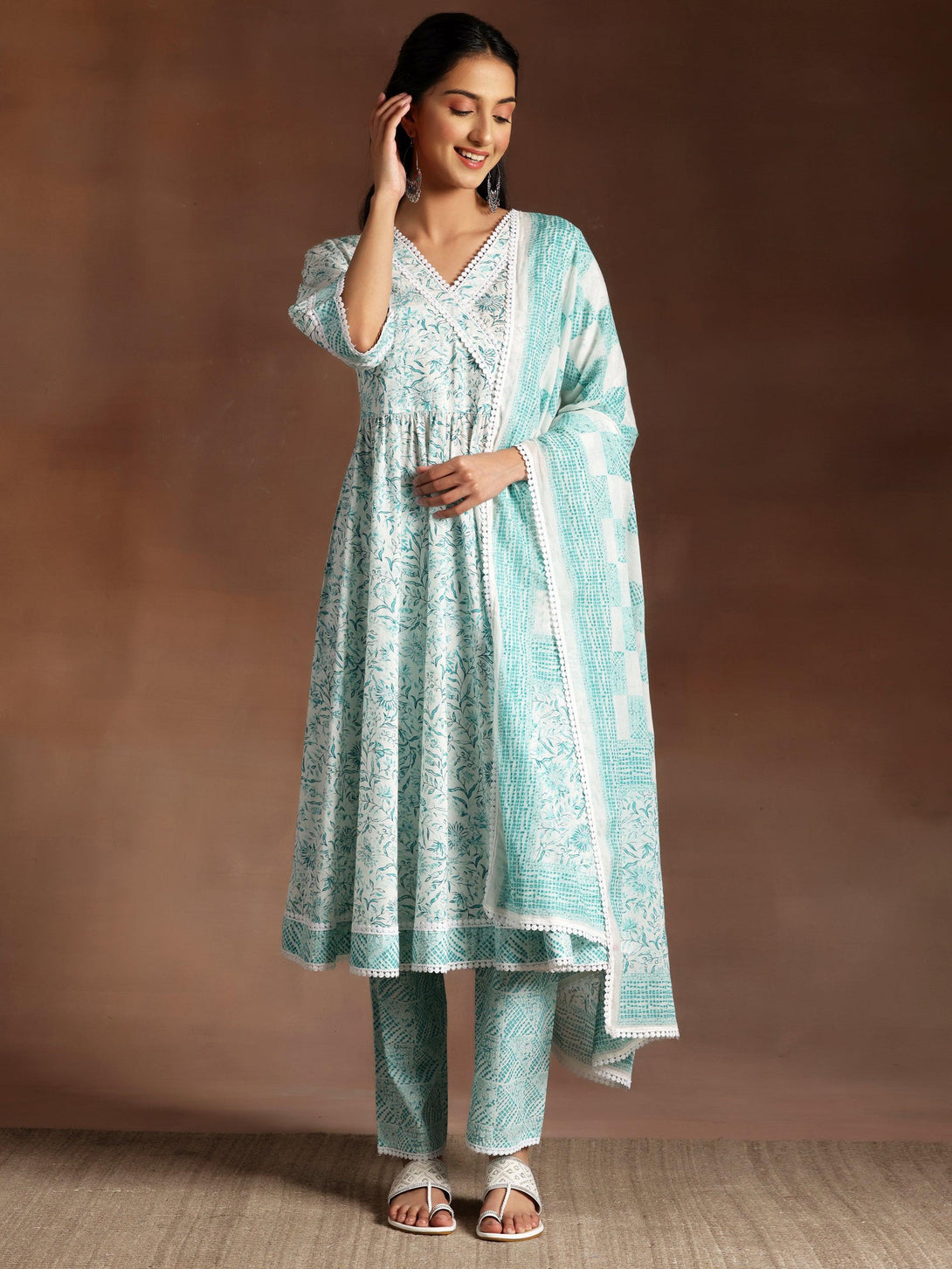 White Printed Cotton A-Line Kurta With Trousers & Dupatta - Jashvi