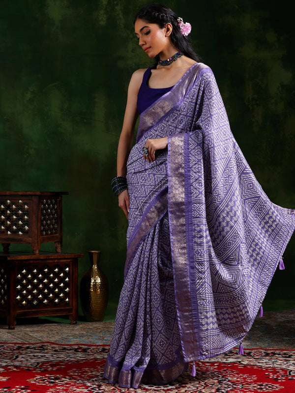 Lavender Printed Silk Blend Saree With Unstitched Blouse Piece