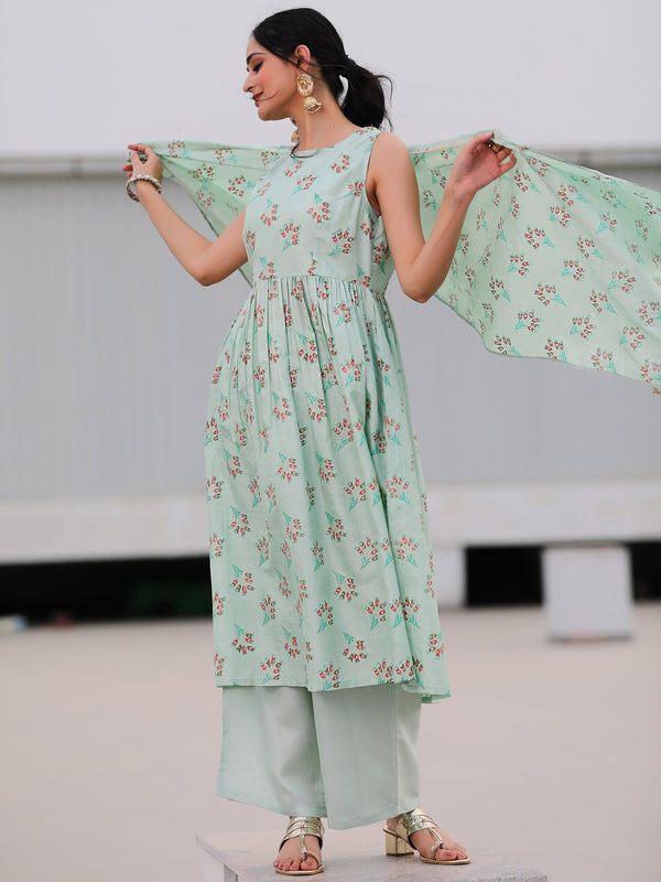 Sea green Printed Silk Blend A-Line Kurta With Palazzos & Dupatta - Jashvi