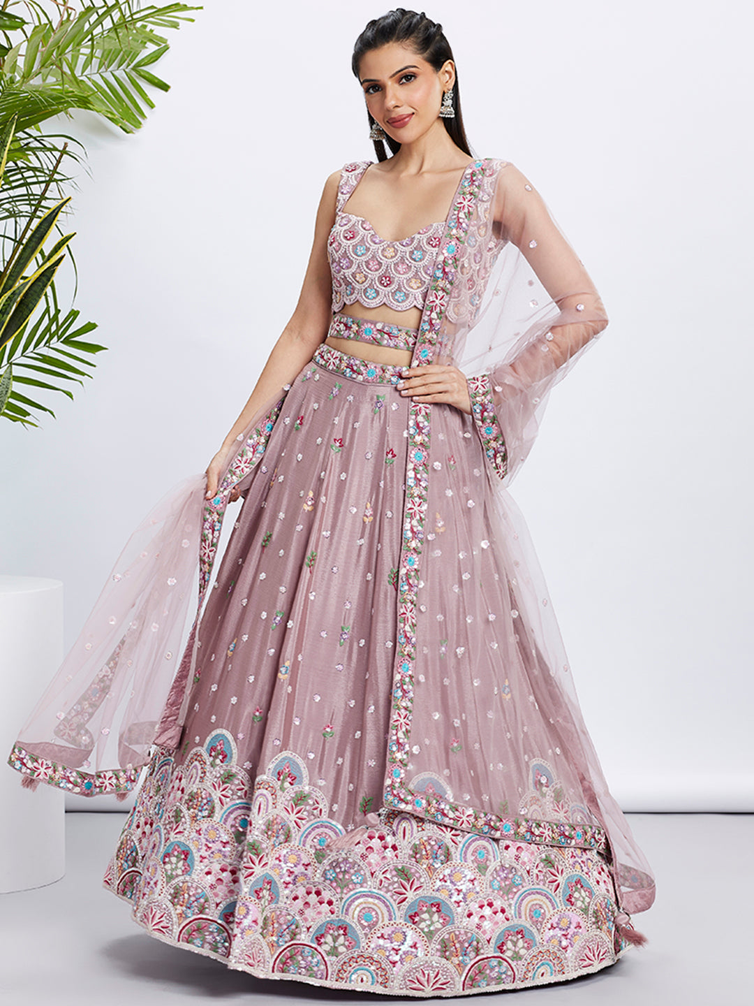 Women's Pink Georgette Sequins And Thread Embroidery  Lehenga Choli & Dupatta - Royal Dwells