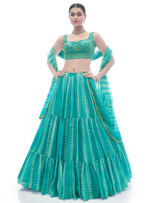 Women's Sea Green Jaquard Embroidered Designer Lehenga - Myracouture