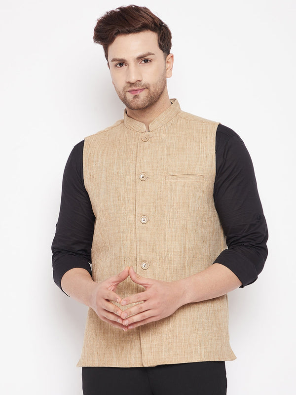 Men's Beige Color Woven Nehru Jacket - Even Apparels