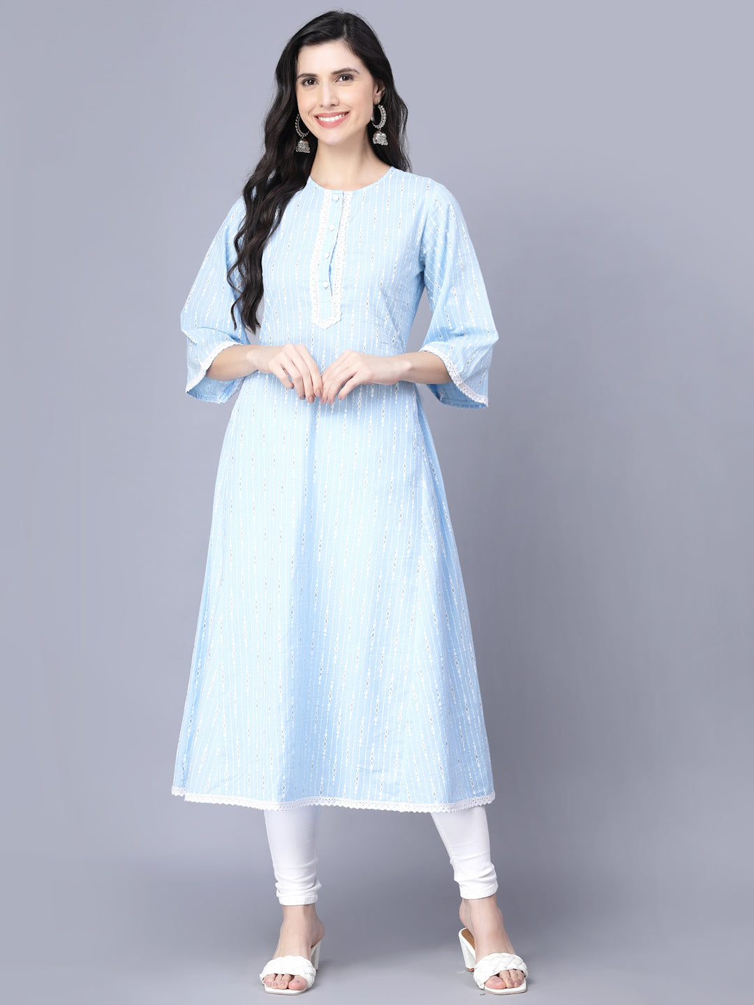 Women's Cotton Printed 3/4 Sleeve Round Blue  Women Kurta - Myshka