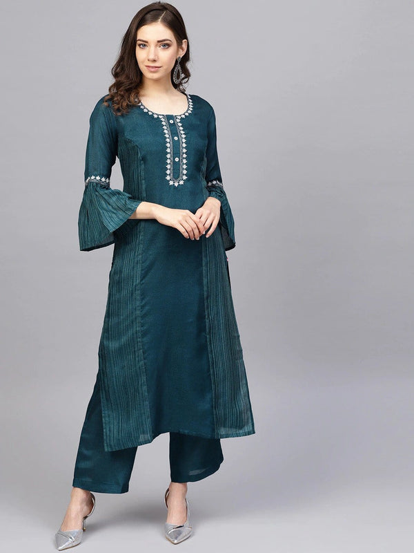 Women's Teal Embroidered Straight Kurta with Palazzos - Varanga