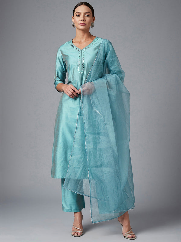 Women's Blue Solid Embroidred Side Slit Straight Kurta Palazzo And Dupatta Set - Azira