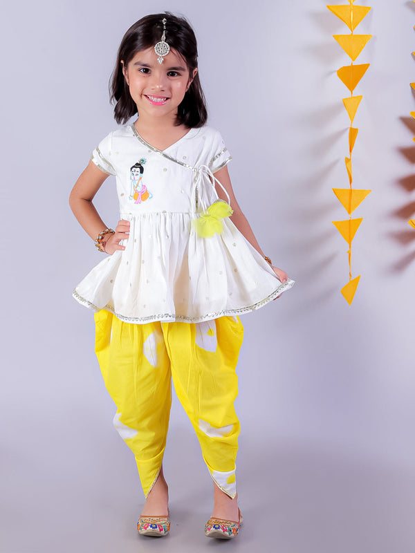 Girl's Yellow Cotton Foil Printed Kurta Dhoti Set - Lil Drama