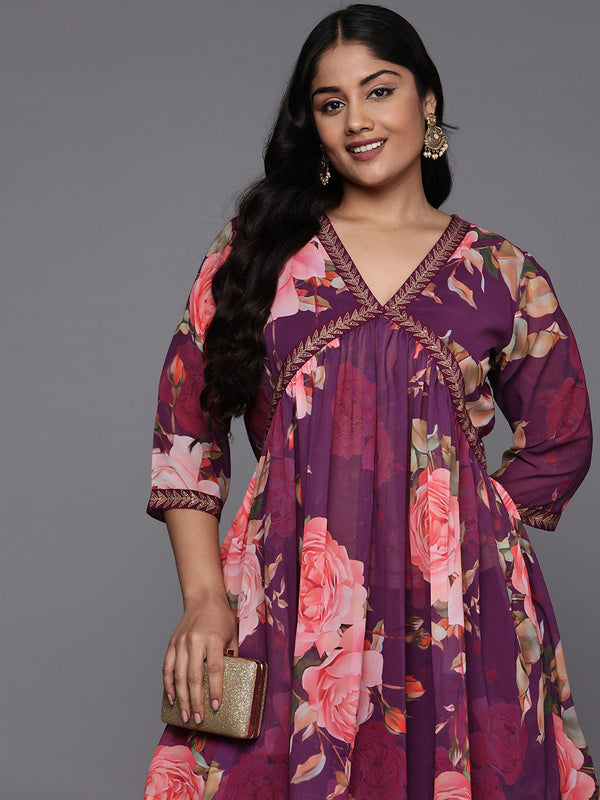 Purple Plus Size Printed Ethnic Co-Ords