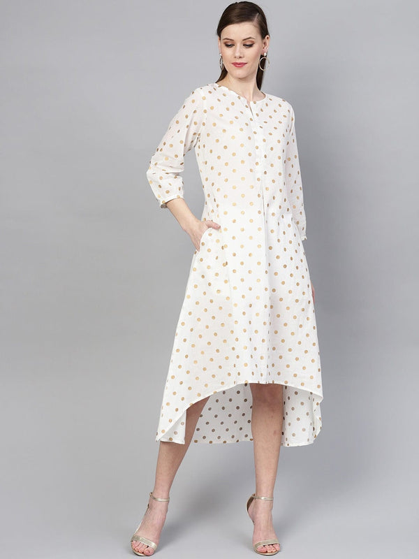 Women's White & Beige Polka Dots Printed A-Line Dress - Varanga