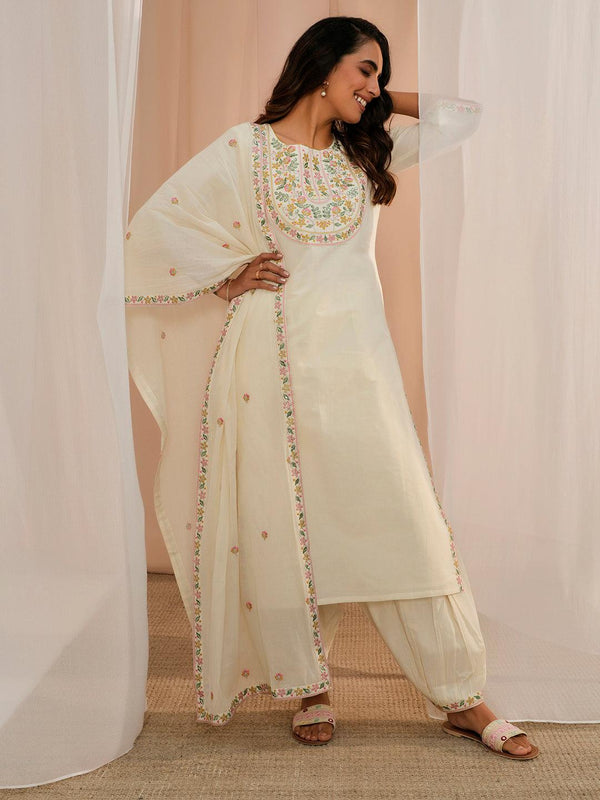 Off White Yoke Design Cotton Straight Suit With Dupatta