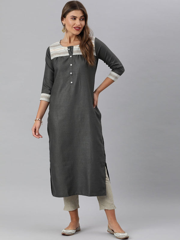 Women's KSUT Grey And Off White Straight Kurta With Stripe Woven Yoke And 3/4Th Sleeves - Varanga