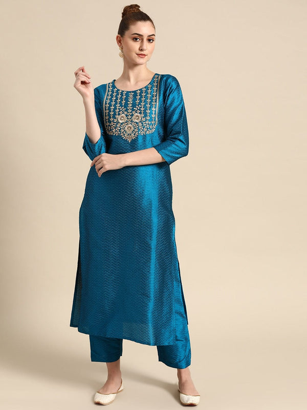 Women's Blue & Golden Embroidered Jacquard Kurta with Trousers - Varanga