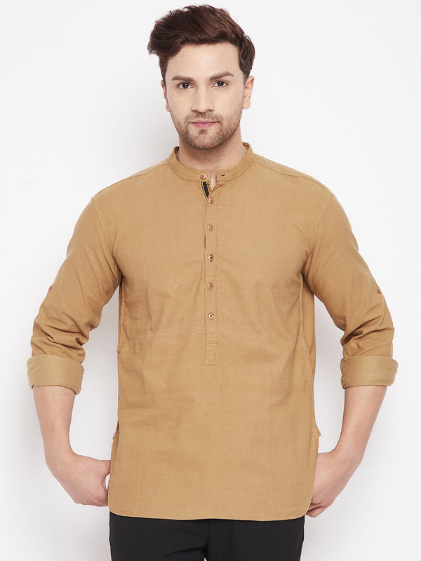 Men's Beige Color Short Kurta with Band Collar - Even Apparels