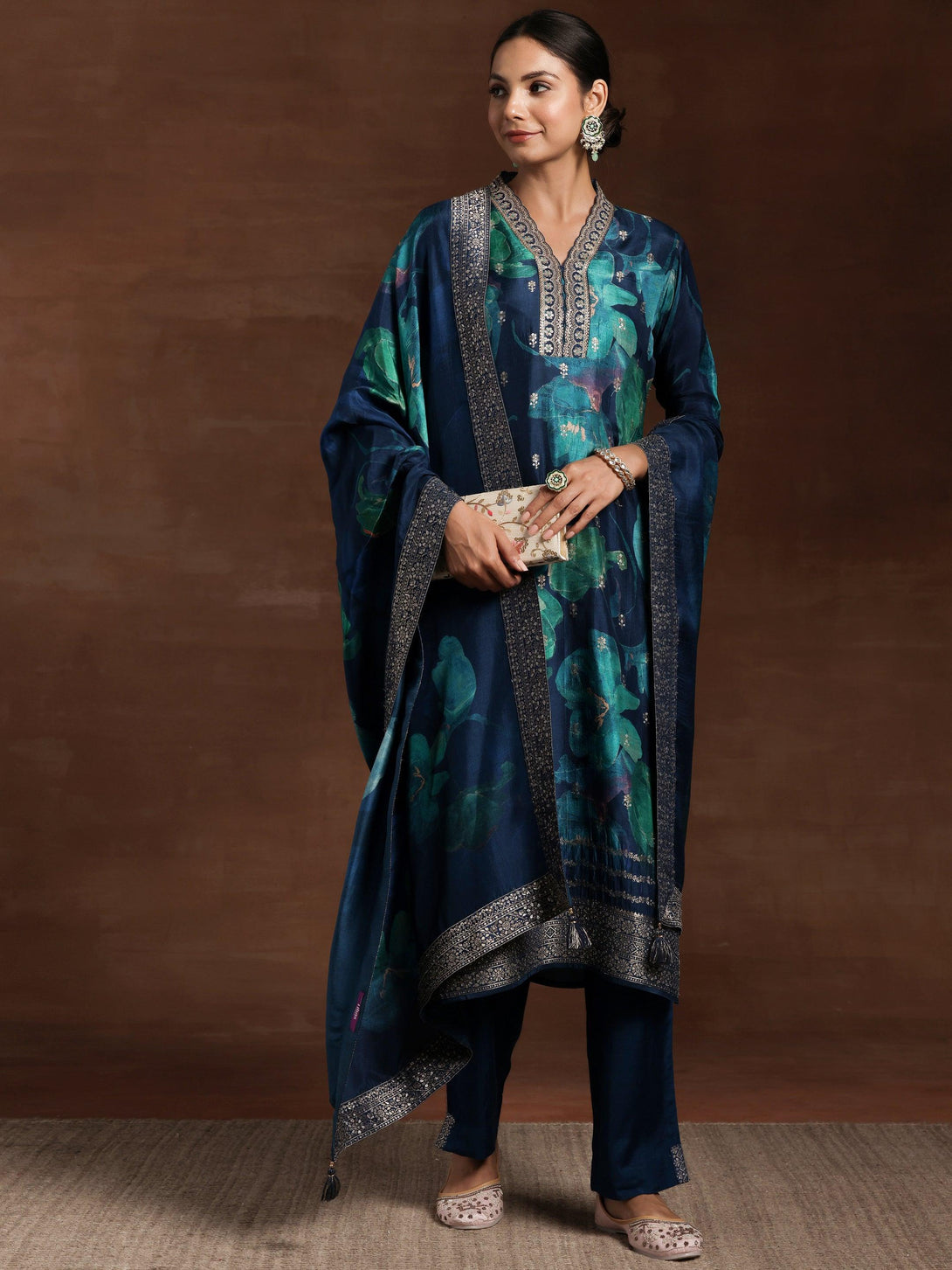 Blue Printed Silk Blend Straight Suit With Dupatta - Jashvi