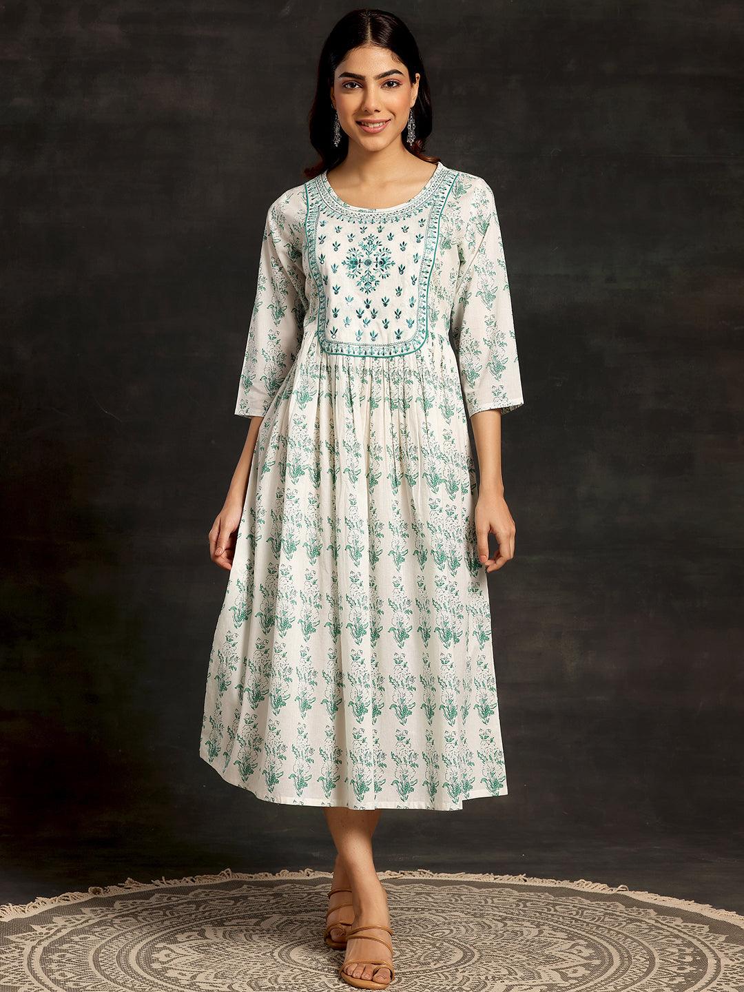 White Printed Cotton A-Line Dress - Jashvi