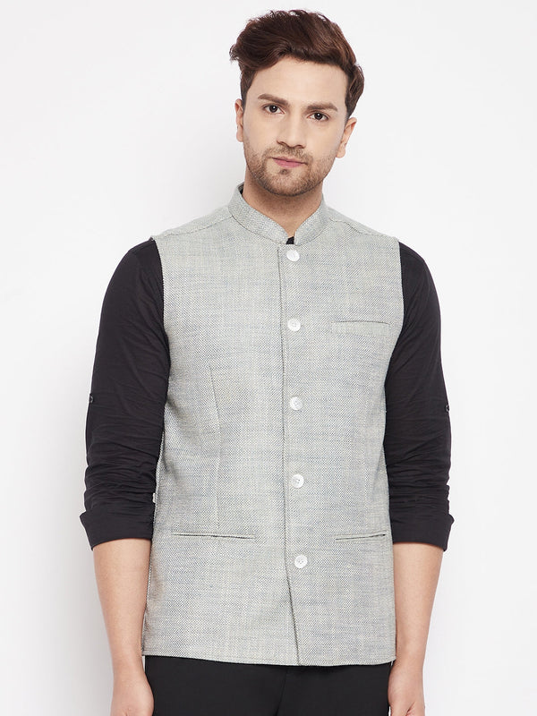 Men's Green Color Woven Nehru Jacket - Even Apparels