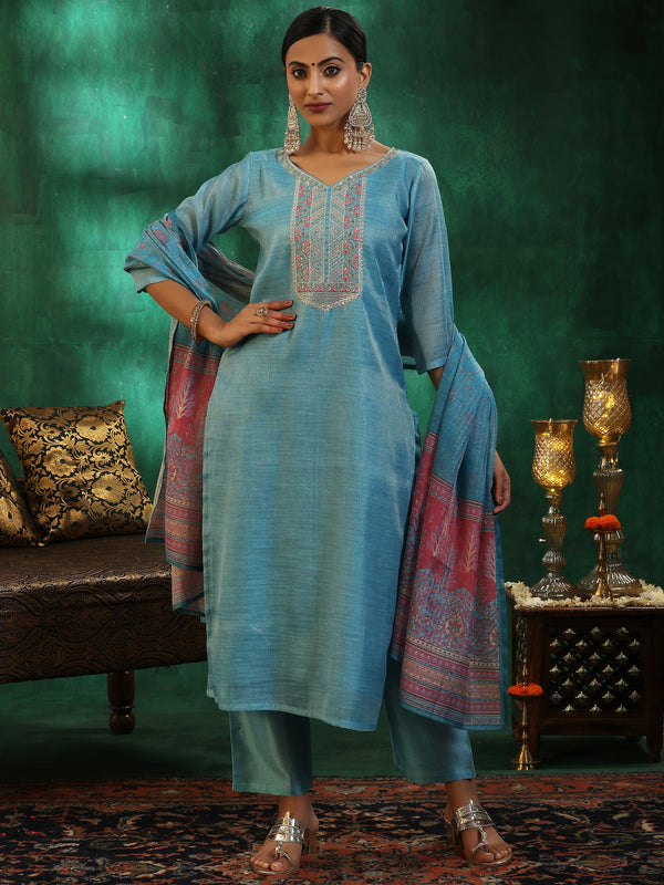 Turquoise Blue Yoke Design Silk Blend Straight Suit With Dupatta