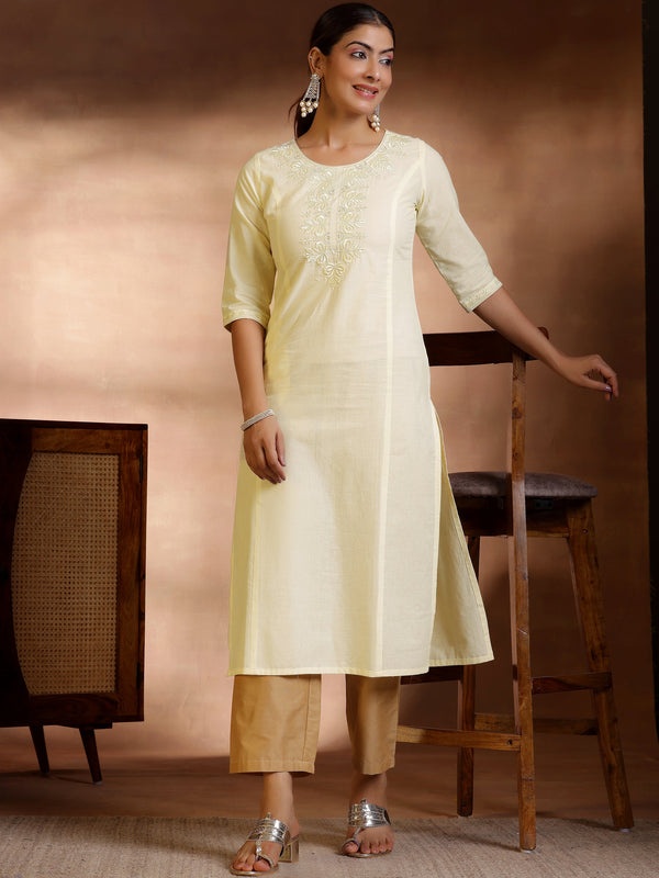 Off White Yoke Design Cotton Straight Kurta