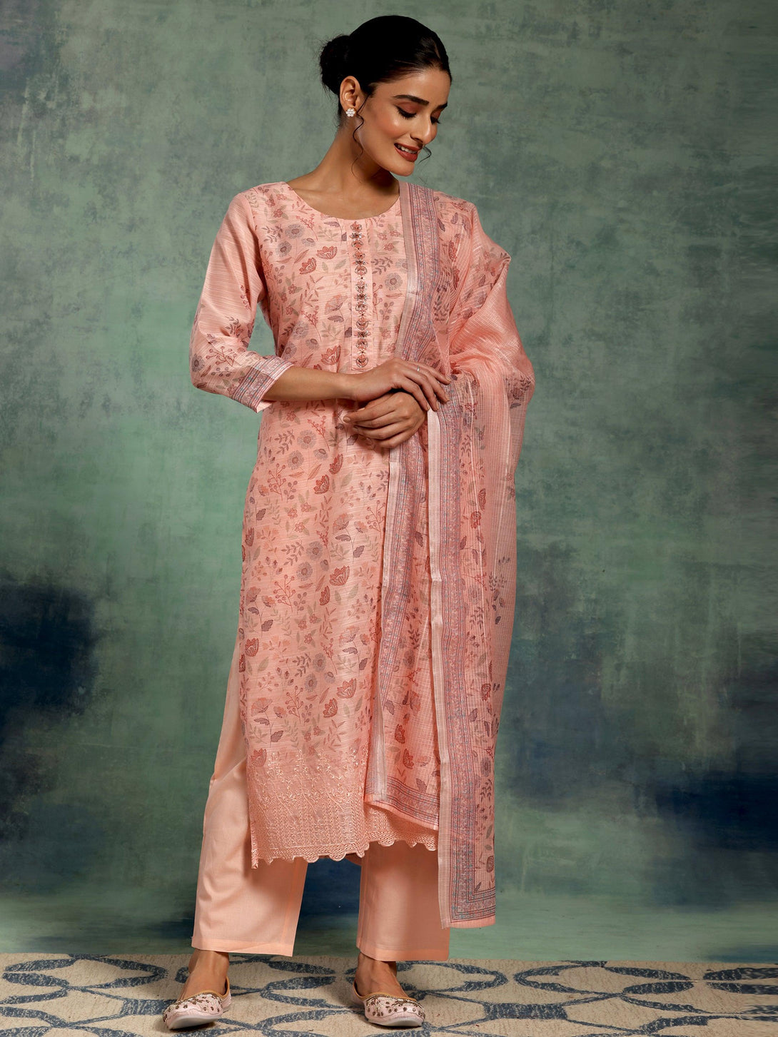 Peach Printed Chanderi Silk Straight Suit With Dupatta - Jashvi