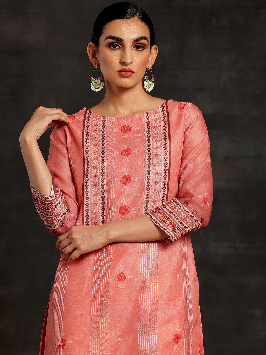 Pink Printed Chanderi Silk Straight Kurta - Jashvi